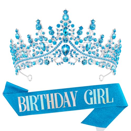 VELSCRUN Birthday Tiara Crowns for Women Girls Crystal Birthday Girl Headband Sash Elegant Princess Crown Happy Birth Part...