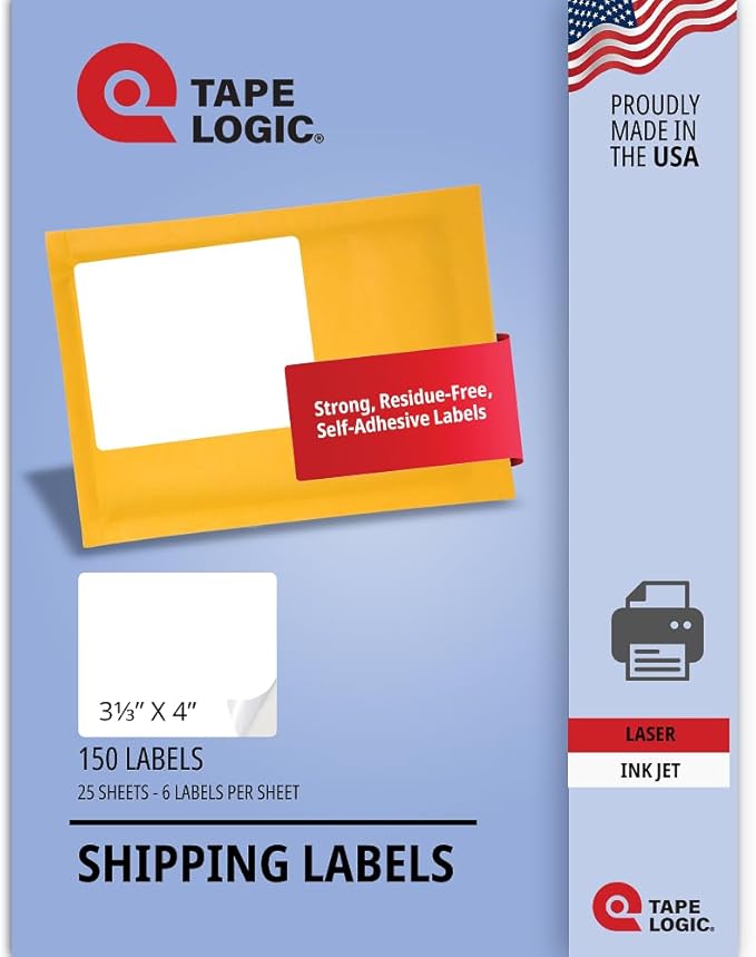 TAPE LOGIC Printable Self-Adhesive 3 ⅓” x 4” White Laser Labels (25 Sheets of 6) | 150 All Purpose Blank Sticker Label, Office & Personal Supplies for Address Shipping & Mailing