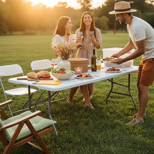 LING RONG Folding Table 6FT Portable Heavy Duty Plastic Table with Carrying Handle Fold-in-Half Utility Foldable Tables fo...