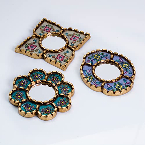 Artisan Small Accent Wall Mirror Set of 3 - Peruvian mirrors for wall with bronze leaf frame - Reverse Painted Glass Mirrors