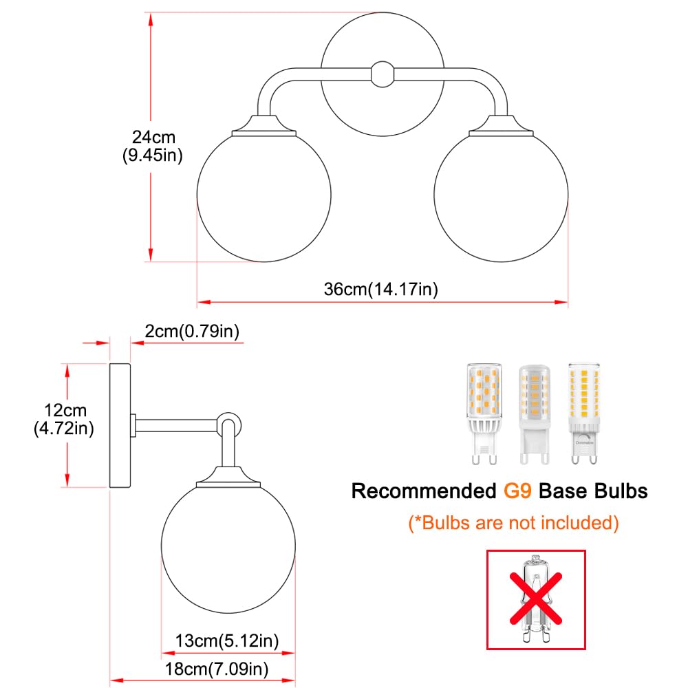 Modern Brushed Nickel 2-Lights Bathroom Vanity Lights, Bathroom Lighting Fixtures Over Mirror with Milk White Globe Glass Shade, Elagant Wall Sconces for Dressing Table Bedroom Living Room