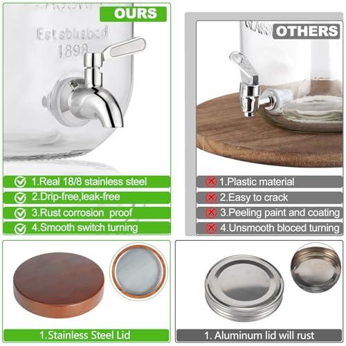 2PCS Large Drink Dispensers for Parties,Glass Beverage Dispenser with Wood Stand,Lemonade Drink Dispenser with Stainless S...
