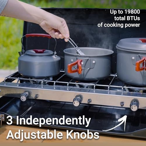FineFlame 3-Burner Propane Camping Stove 19800 BTUs, Portable Camp Stove with 3 Adjustable Burners and Push-Button Instant...