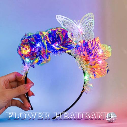 Fdesigner Light Up Flower Headbands Big Butterfly Laser Rave Hairbands Leaf Headpiece LED Women Headbands