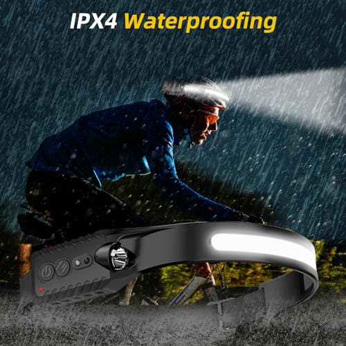 Rechargeable LED Headlamp,COB230° Wide Light Headlamps, 5 Modes of Lightweight Headlamp with Motion Sensors, Type-C USB Ch...