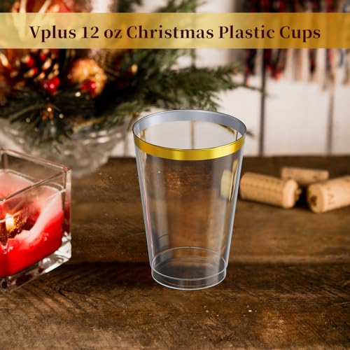 Vplus 150 Pack 12 OZ Reusable Gold Rimmed Clear Plastic Cups, Disposable Heavy Duty Plastic Cups Perfect for Party Christm...