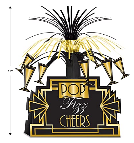 Beistle Pop Fizz Cheers Centerpieces – 2-Pack Art Deco Table Decorations in Black and Gold for Roaring Twenties Parties, N...