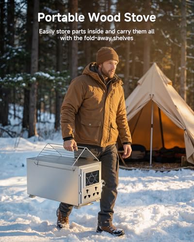 Hot Tent Wood Stove, Portable Camping Wood Burning Stove with 8 Stainless Chimney Pipes, Folding Wood Stove for Tent, Outd...