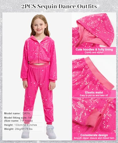LOLANTA 2Pcs Girls Dance Outfits Cropped Sequin Jacket Pants Set, Kids Hip Hop Dance Costumes for 80s 90s Party 5-15 Years