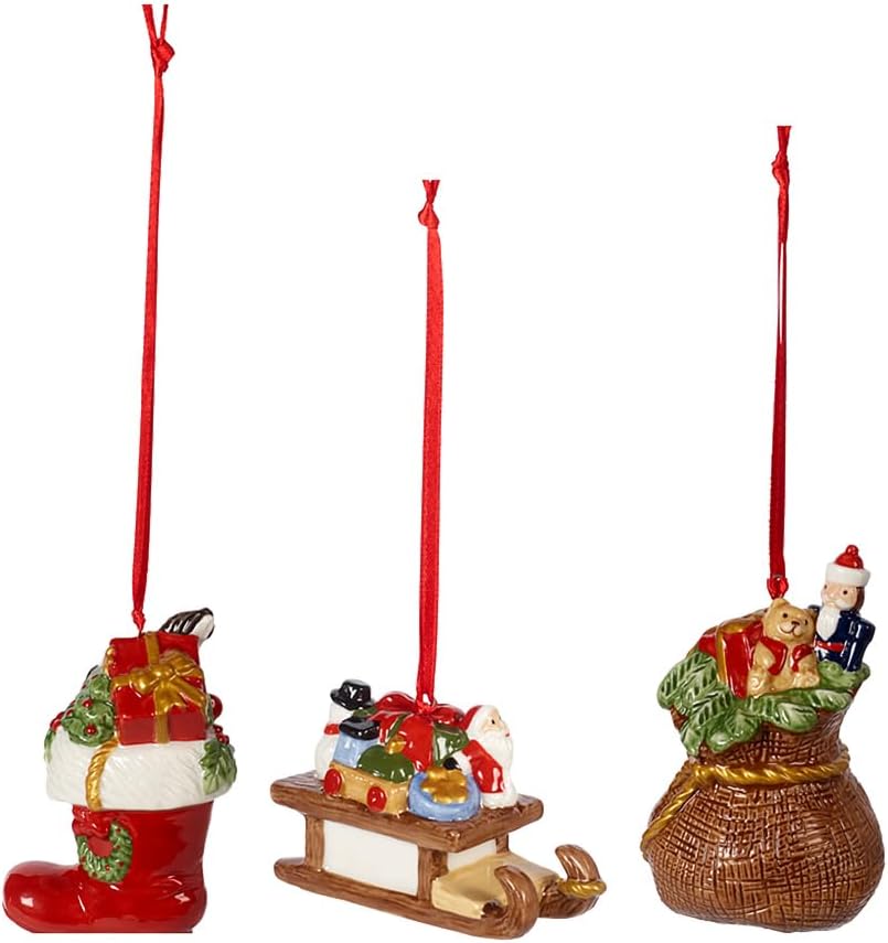 Villeroy & Boch – Nostalgic Ornaments Ornament Set: “Presents”, 3 pcs, Boots, Sleigh and Present Sack in Hard-Paste Porcelain as Tree Decorations, Multicoloured