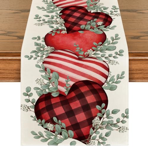 Artoid Mode Eucalyptus Hearts Valentine's Day Table Runner, Holiday Kitchen Dining Table Decoration for Home Party Indoor ...