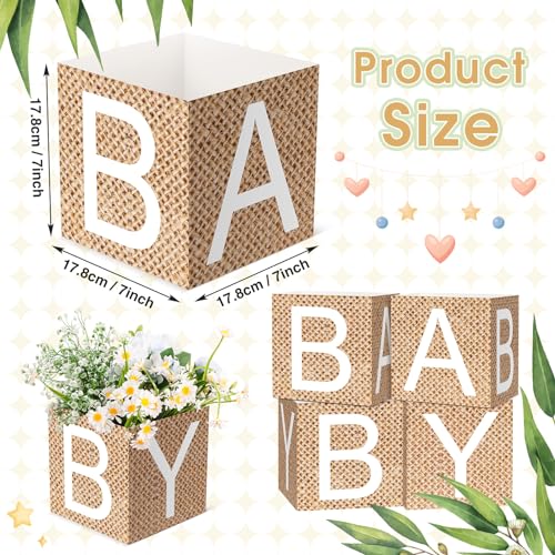 Noveread 6 Pcs Burlap Print Baby Shower Party Decorations Baby Flower Boxes Centerpiece Rustic Burlap Table Display with L...