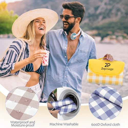 Zeproage Waterproof Picnic Blankets, 60" x 80" Picnic Mat Outdoor Portable Travel Camping Bordeaux Blue