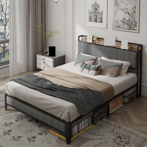 Bed Frame with Charging Station, Upholstered Headboard, Metal Platform, Grey Bed Frame