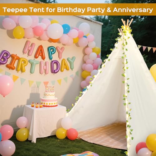 XXL Large Teepee Tent for Adults & Kids, Update Waterproof Cotton Playhouse with LED Vine Lights, Heavy-Duty Eucalyptus Wo...