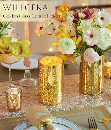 Willceka Gold Cylinder Vases for Centerpieces, Modern Glass Vase Set of 12 Decorative Hurricane Candle Holder for Pillar C...