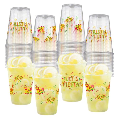 AIBIIN 50 PCS Fiesta Party Plastic Cups 12 oz Mexican Cinco De Mayo Clear Disposable Plastic Cups Decorations Taco Bar Le...
