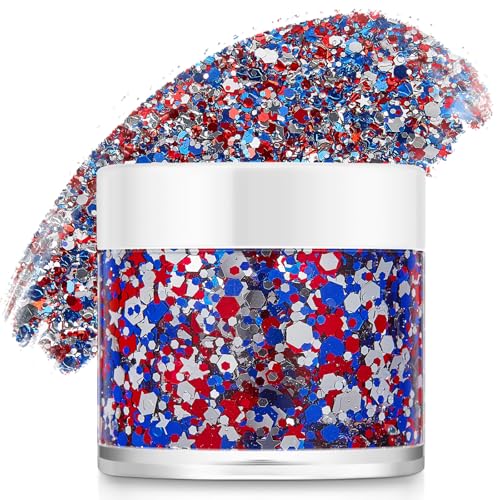Red White Blue USA Flag Face Body Glitter, Pride Glitter Gel for Hair Nail Art, Holographic Chunky Sequins for Independenc...