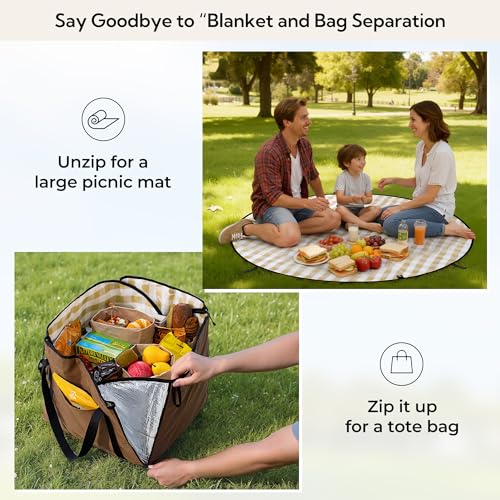 GRANNY SAYS 2-in-1 49¼”D Brown Waterproof Picnic Blankets & Tote Bag, Large Picnic Mat for Camping, Grass, and Park, Folda...