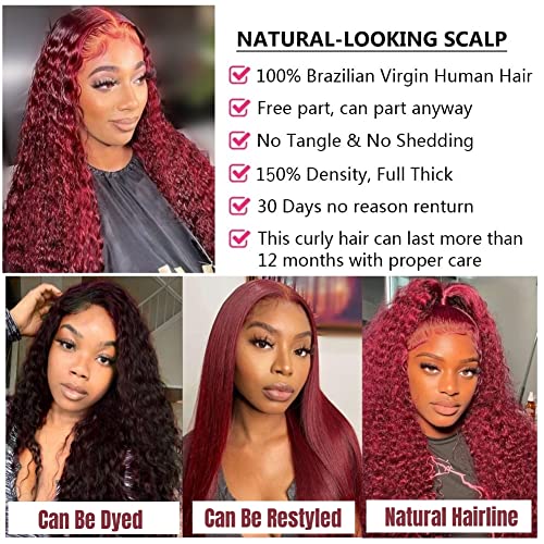 24 Inch Burgundy Wig Human Hair Deep Wave Lace Front Wigs for Black Women Glueless 13x4 HD Transparent Lace Frontal Curly Wigs Pre Plucked Bleach Knots with Baby Hair 99J Colored Wigs