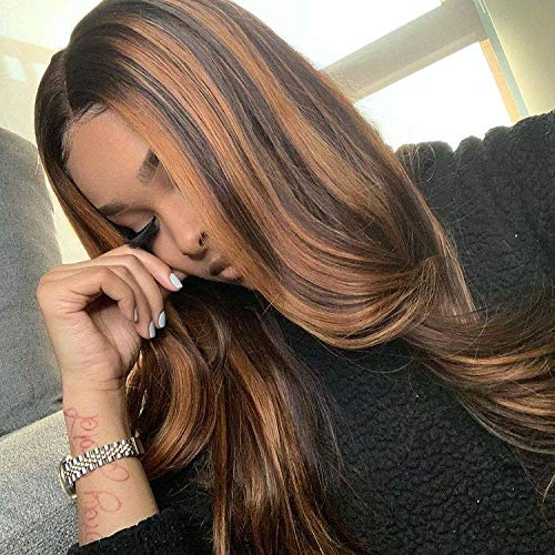 Ombre Blonde Human Hair Wig 13x4 HD Transparent Lace Front Black to Brown Blonde Human Hair Highlights 20" for Women Pre Plucked Ombre Honey Blonde Wig with Black Roots Pre Plucked Wigs 150% Density