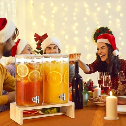 Honeydak 2 Pcs 2.5 Gallon Glass Drink Dispenser with Stand Glass Water Beverage Dispenser with Bamboo Lid and Stainless St...