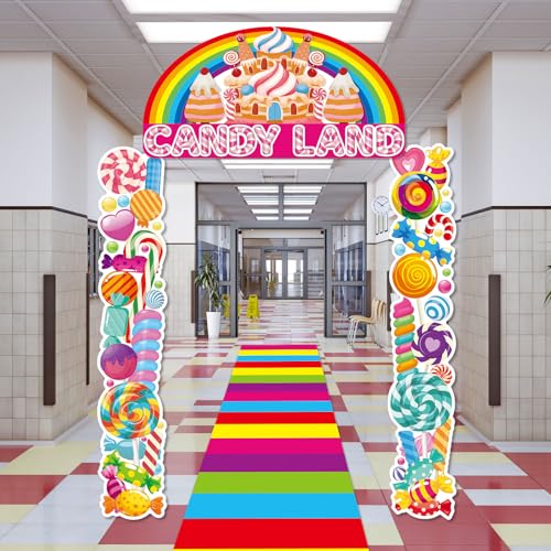 4Pcs Sweet Candyland Party Decorations Candy Door Covers Candyland Hanging Banner Backdrop Candy Land Store Porch Sign Col...