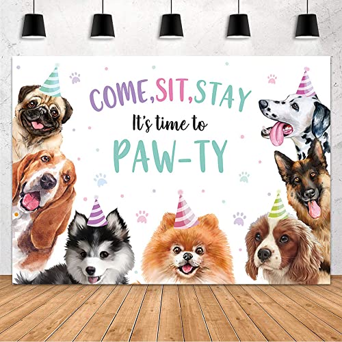 MEHOFOND 7x5ft Puppy Dog Birthday Party Decorations Backdrop Pet Doggy Party Photo Backdrop It's Time to Paw-ty Banner for...