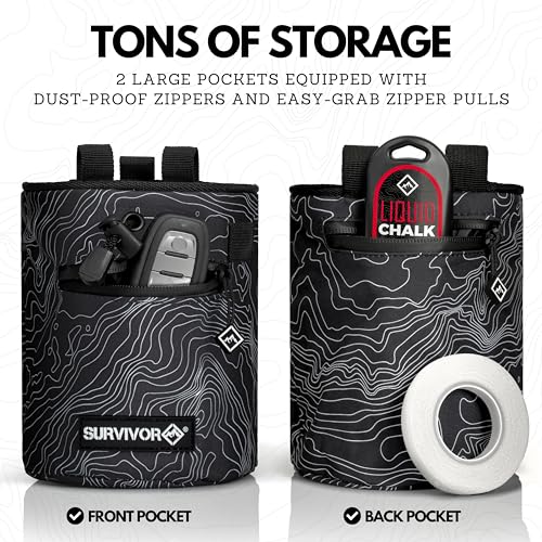 Chalk Bag + Refillable Chalk Ball - Iconic Topographical Map, Draw String Closure, 2 Zippered Pockets, & Brush Holder - Cl...