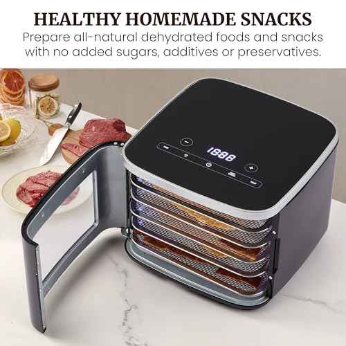 Elite Gourmet EFD809D Food Dehydrator with 5 Stainless Steel Trays, Adjustable Temp & Time + Keep Warm, Includes Interior Light, Fruit Roll Tray and Recipe Booklet, Black