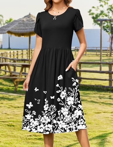 Zeagoo Women Summer Short Sleeve Midi Dress with Pockets Casual Aline Flowy Tshirt Dress Floral Vocation Beach Sundress