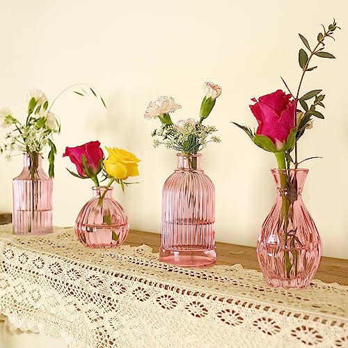 Pink Vase, Bud Vases Set of 12, Small Pink Glass Vases for Flowers Modern Ribbed Glass Bud Vase for Decor Wedding Flower V...