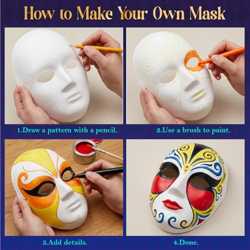 50 Pcs DIY Full Face Masks Bulk, Blank White Paintable Paper Mache Mask, 2 Sizes Paintable White Plain Mask, Craft Masks B...
