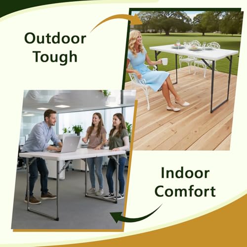 MAKE CHANGES 4FT Folding Table, Foldable Picnic Table with Adjustable Height, Heavy Duty Fold-in-Half Portable Table for W...