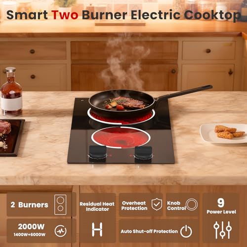 Jessier 2 Burner Electric Cooktop - 12 Inch Plug in Portable 110V Electric Cook Top Two Burner, Built-in & Countertop Cera...