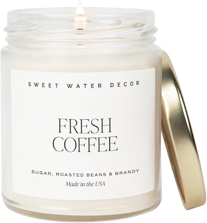 Sweet Water Decor Fresh Coffee Soy Candle - Caramel Creme, Mocha Latte and Kona Coffee Scented Candle for Home - 9oz Clear Jar + Gold Lid, 40+ Hour Burn Time, Made in The USA