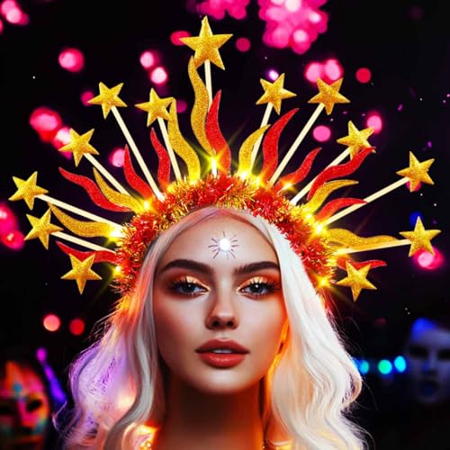 DRESBE Light Up Sun Goddess Headband New Year LED Star Crown Headbands NYE Glow Party Hair Accessories for Women