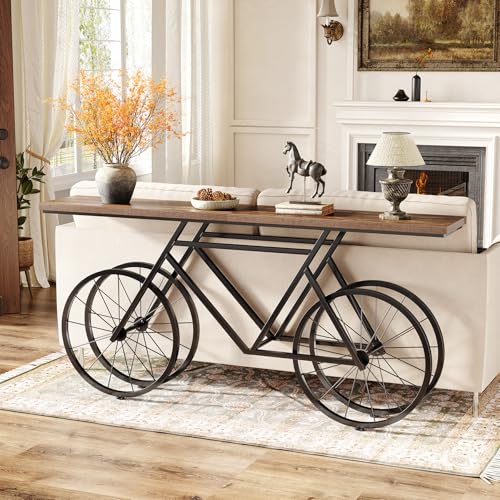 LITTLE TREE Narrow Sofa Table, 70.9-Inch Extra Long Console Table for Living Room, Entryway, with Unique Bicycle Metal Base. Rustic Brown