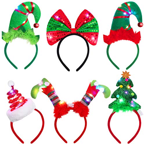 Elcoho 6 Pack Christmas LED Headbands Holiday Light Up Costume Headband Reindeer Christmas Bow Elf Costumes Hair Bands for...