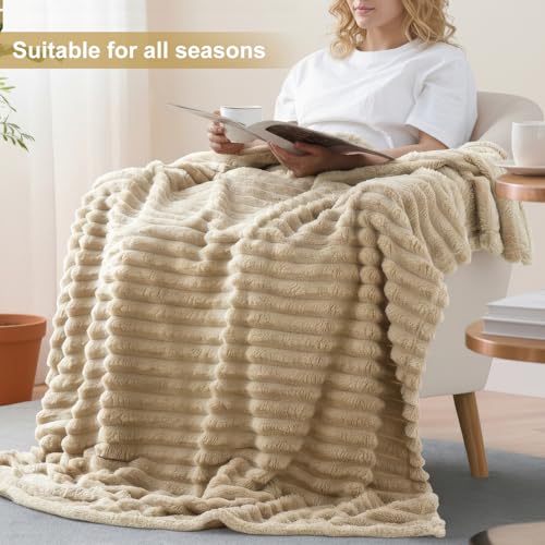 decorUhome Soft Fleece Light Brown Throw Blanket for Couch, Cozy Fluffy Plush Flannel Striped Blanket for Sofa Bed, Lightw...