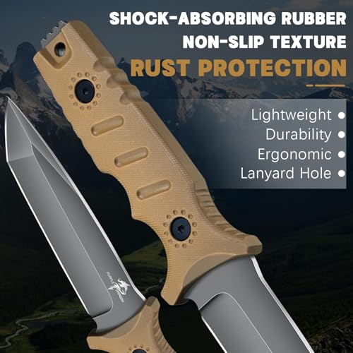 Purple Dragon Khaki Fixed Blade Outdoor Knife with Kydex Sheaths,D2 Steel Camping Knives for Bushcraft,Hiking and Wilderne...