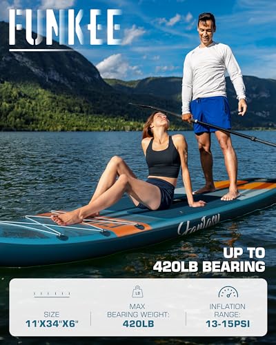 FUNKEE 11’×34"×6" Extra Wide Inflatable Stand Up Paddle Board, Sup Board with Removable Fins, Backpack, Floating Paddle, S...