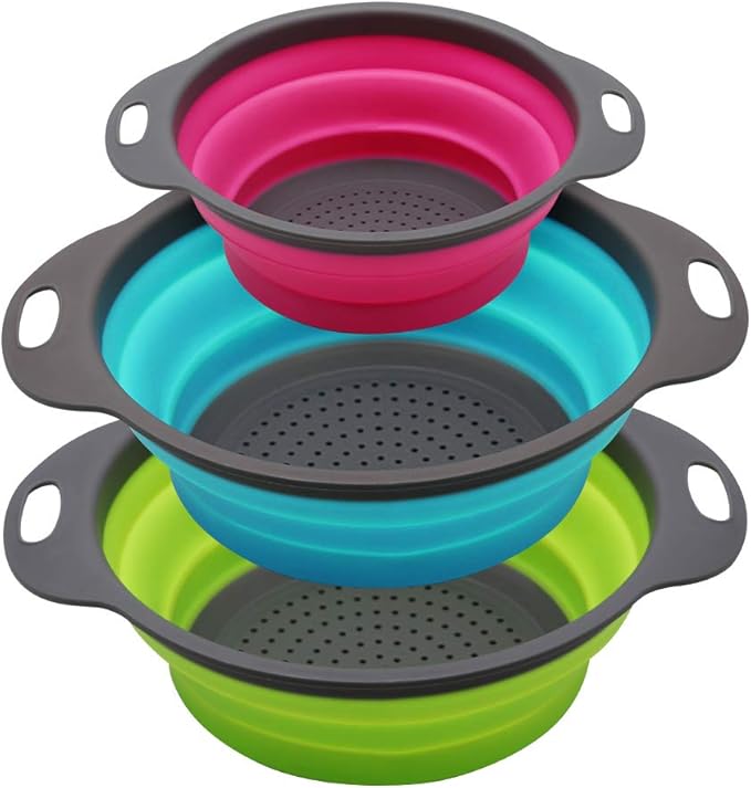 Qimh Collapsible Colander Set of 3 Round Silicone Kitchen Strainer Set - 2 pcs 4 Quart and 1 pcs 2 Quart- Perfect for Drai...