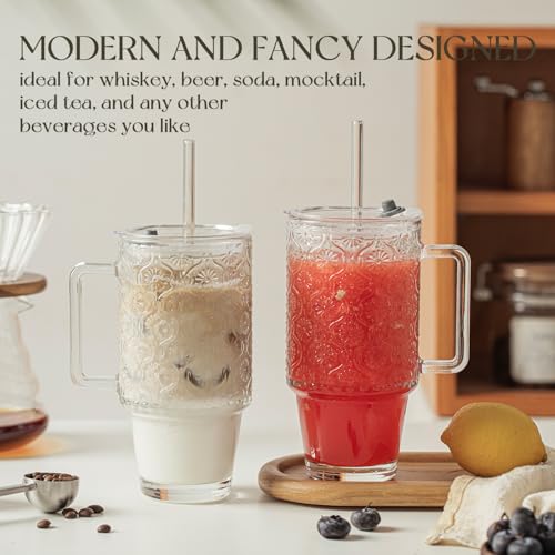 KEMORELA 4-Pack 24 Oz Glass Tumblers with Straws and Lids, Iced Coffee Cups with Begonia Floral Pattern, Smoothie Cups wit...