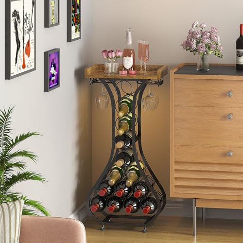 X-cosrack Wine Rack Freestanding Floor, Mini Bar Table Wine Holder Stand Liquor Cabinet with Glass Holder Wood Tabletop 14...