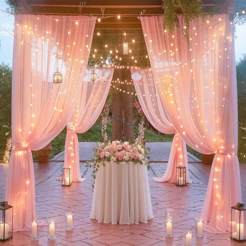 Wish Care 10ft x 10ft Baby Pink Chiffon Backdrop Curtain with Lights String for Parites Wedding Wrinkle Free Curtain Photo...