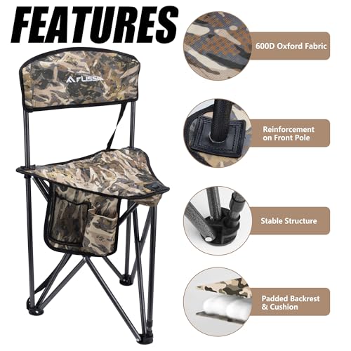 FLISSA Hunting Chair, Folding Tripod Stool, Portable Fishing Chair with Backrest, Outdoor Folding Camping Chair