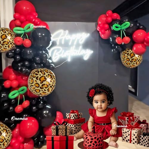 Onemere Red and Black Balloons Arch Kit 160pcs Cherry Birthday Decorations, 4pcs Foil Cheetah Print Balloons for Baby Show...