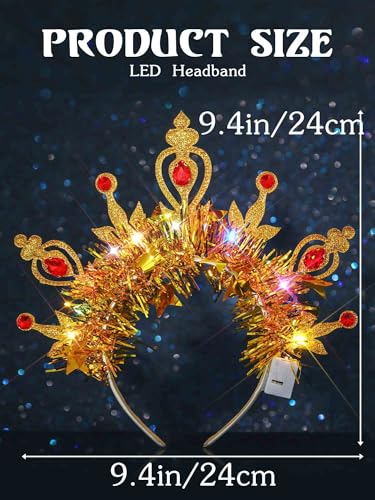 Campsis Light Up Glow Crown Headband Sparkly Gold Headpiece Halloween Costume Headwear Rave Hair Accessories for Women