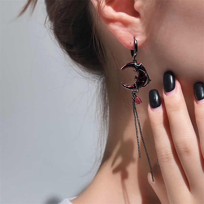 KURTCB Gothic Moon Earrings Necklace Goth Vampire Blood Moon Thorns Huggie Earring Necklacee Witch Costume Asymmetrical Dangle Drop Earring Jewelry for Women (Earrings)